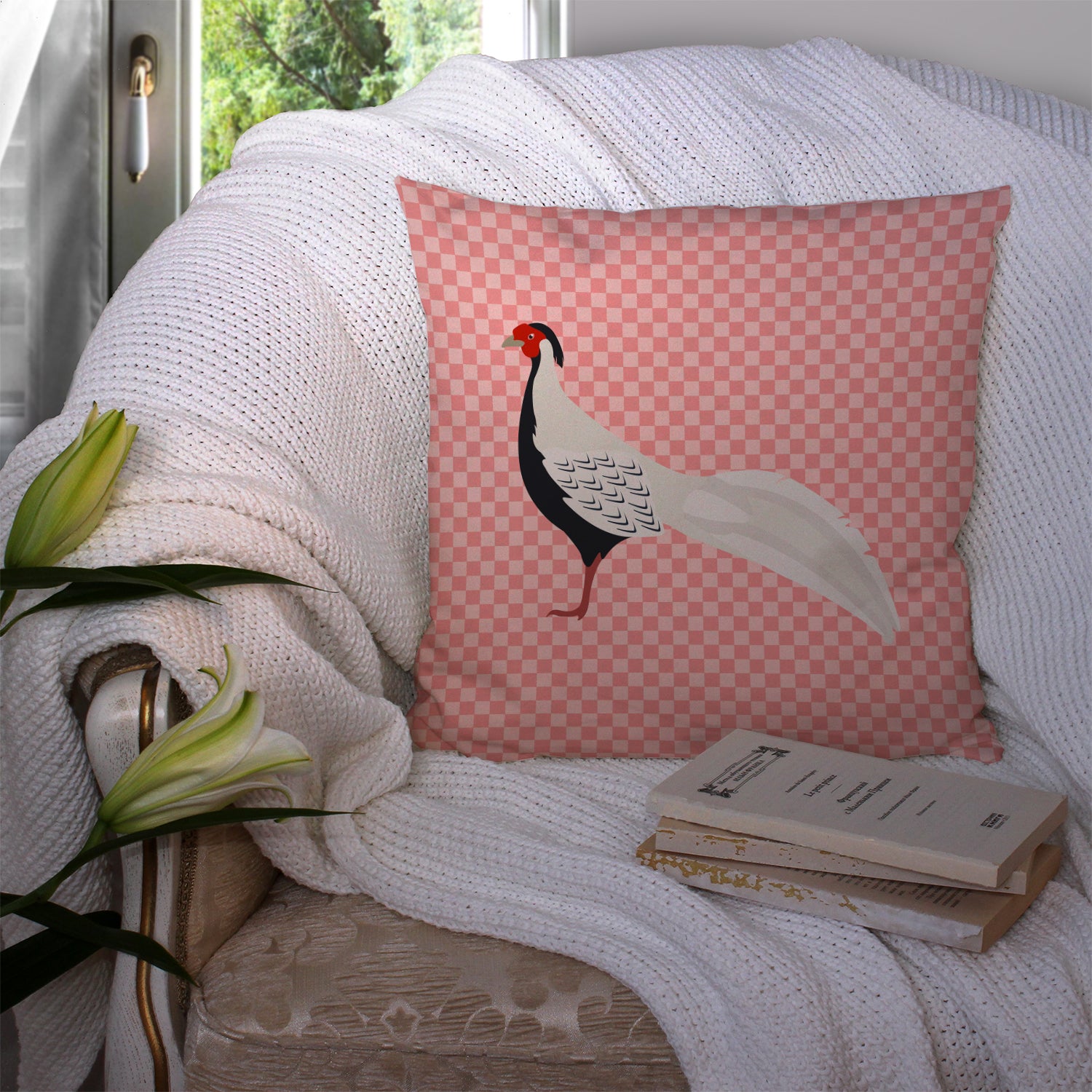 Silver Pheasant Pink Check Fabric Decorative Pillow BB7929PW1414 - the-store.com