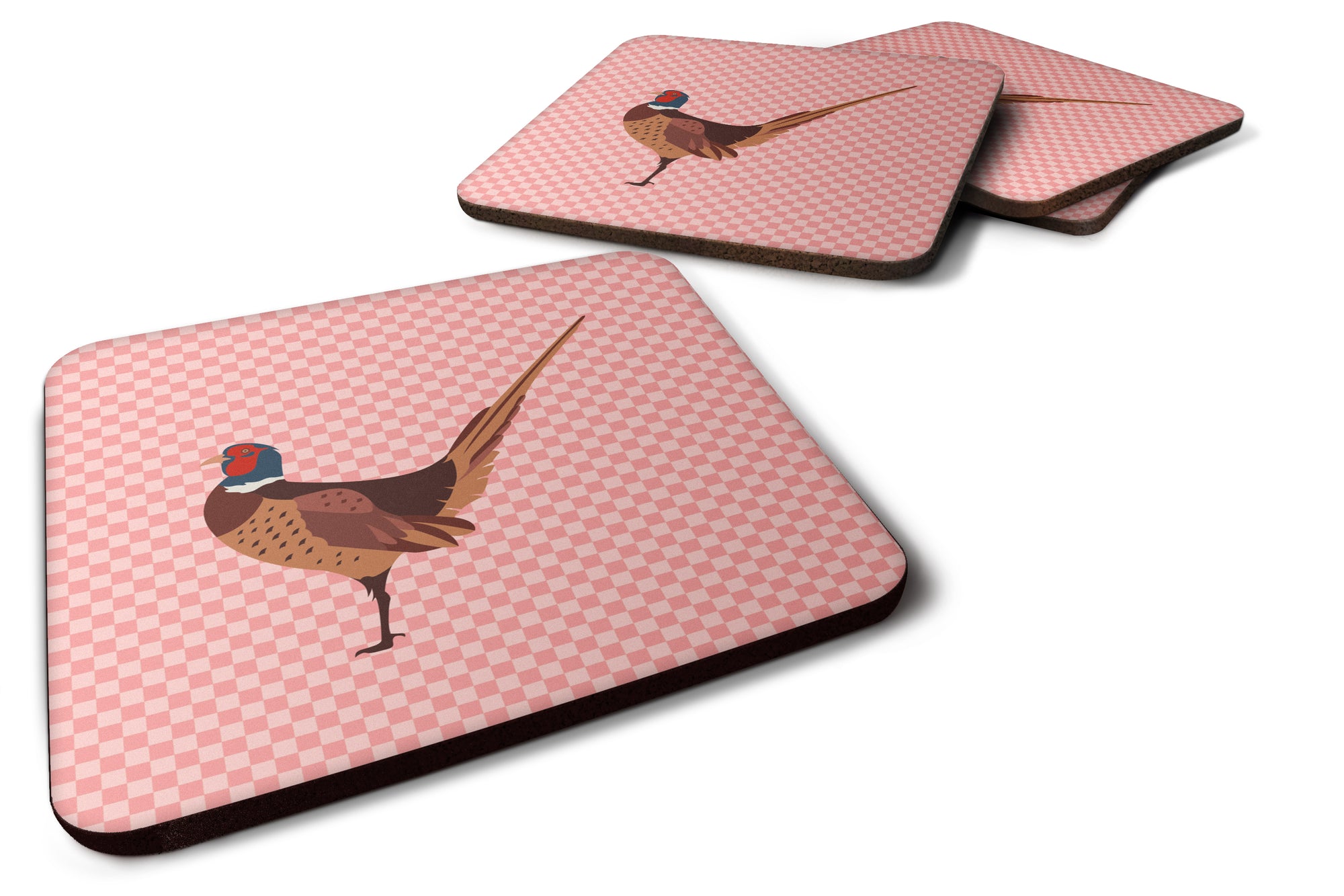 Ring-necked Common Pheasant Pink Check Foam Coaster Set of 4 BB7930FC - the-store.com