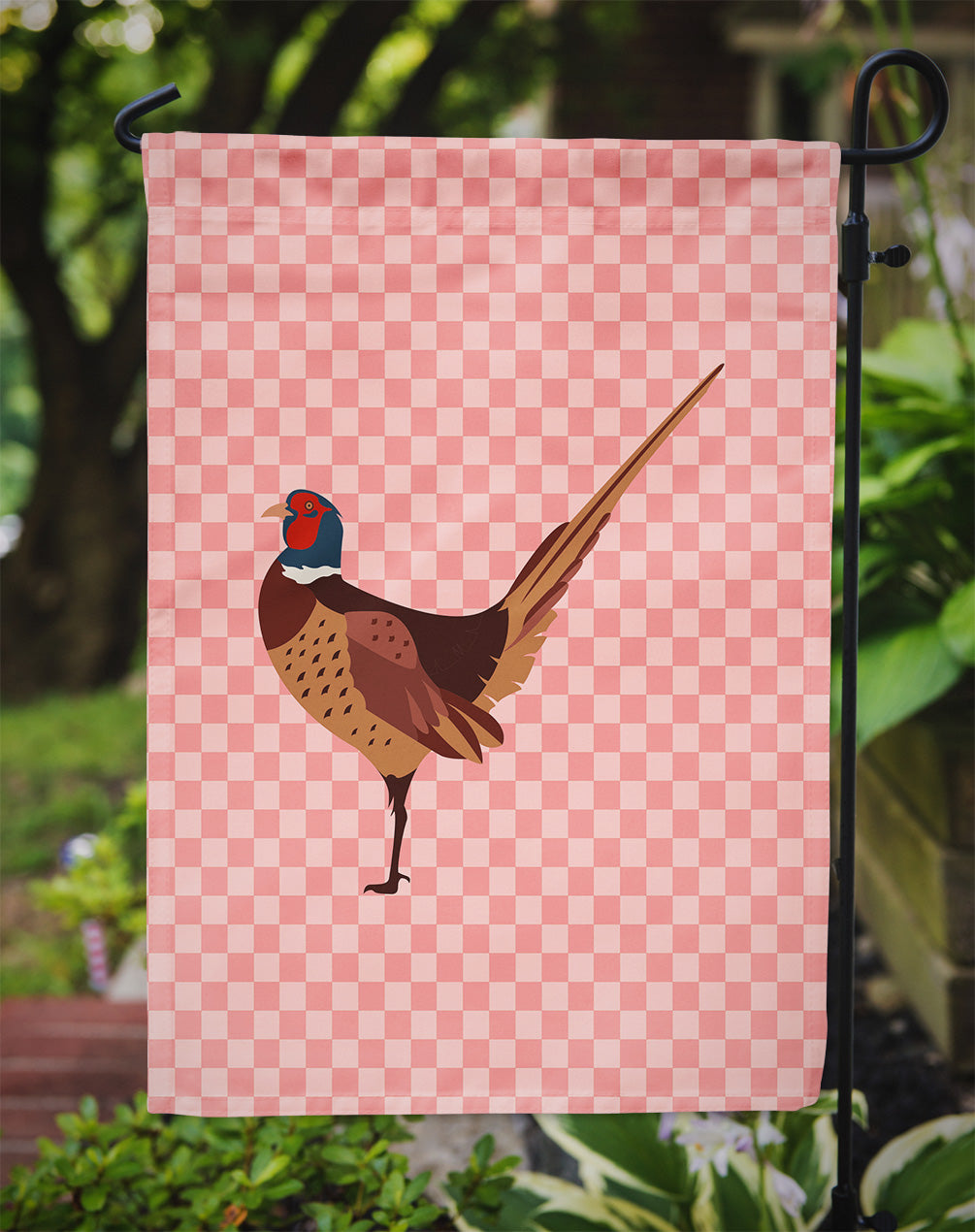 Ring-necked Common Pheasant Pink Check Flag Garden Size  the-store.com.