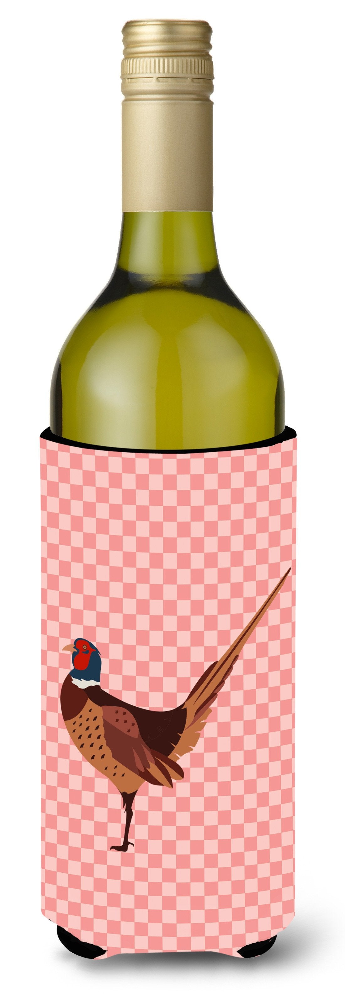 Ring-necked Common Pheasant Pink Check Wine Bottle Beverge Insulator Hugger BB7930LITERK by Caroline&#39;s Treasures