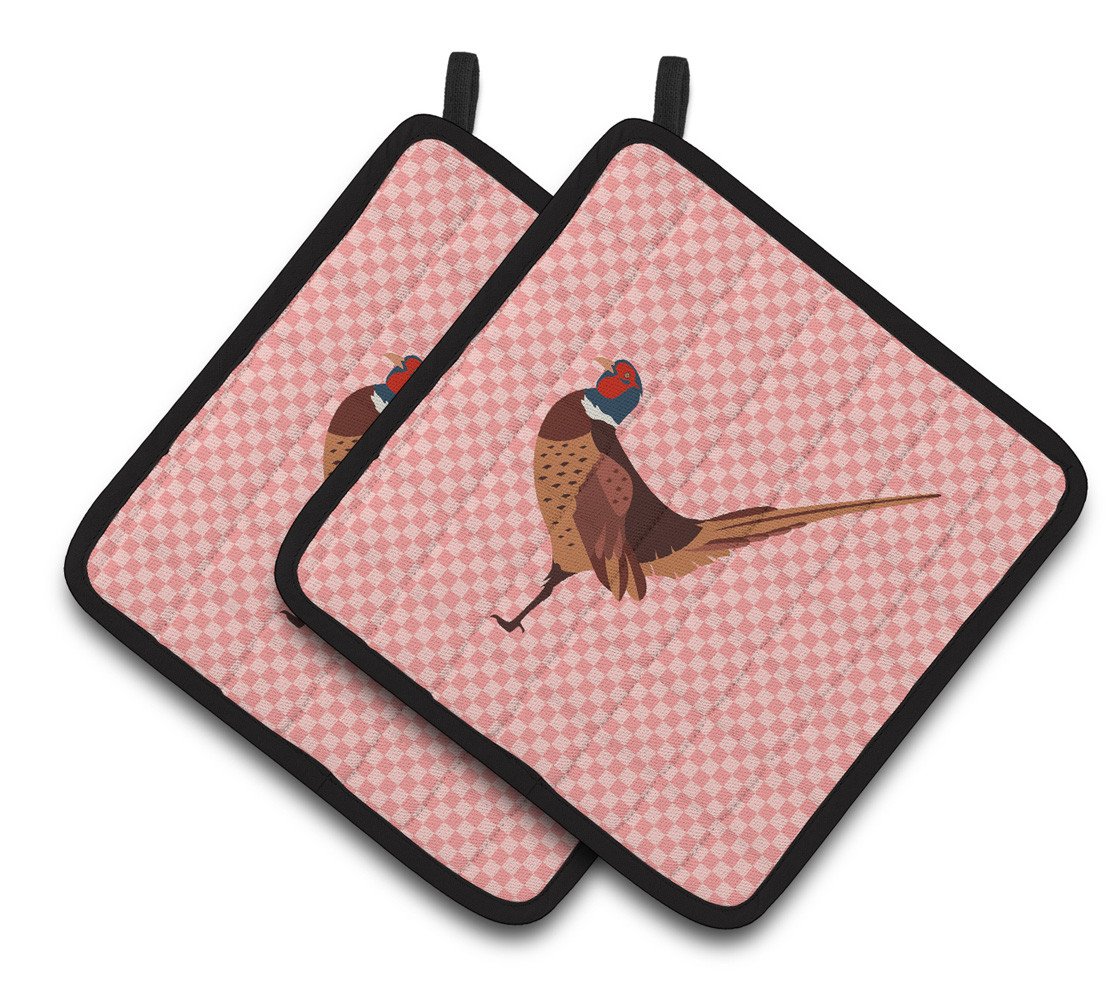 Ring-necked Common Pheasant Pink Check Pair of Pot Holders BB7930PTHD by Caroline&#39;s Treasures