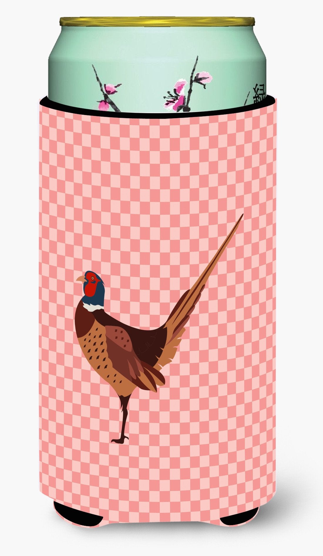 Ring-necked Common Pheasant Pink Check Tall Boy Beverage Insulator Hugger BB7930TBC by Caroline&#39;s Treasures