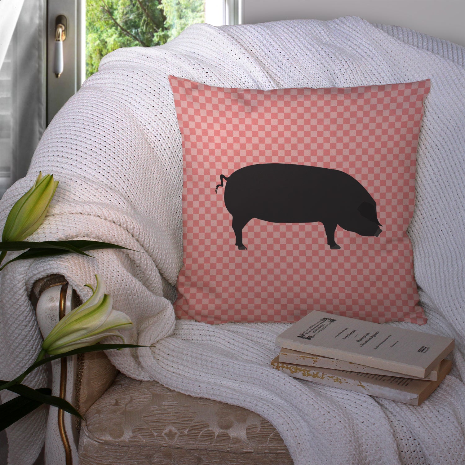 Devon Large Black Pig Pink Check Fabric Decorative Pillow BB7931PW1414 - the-store.com