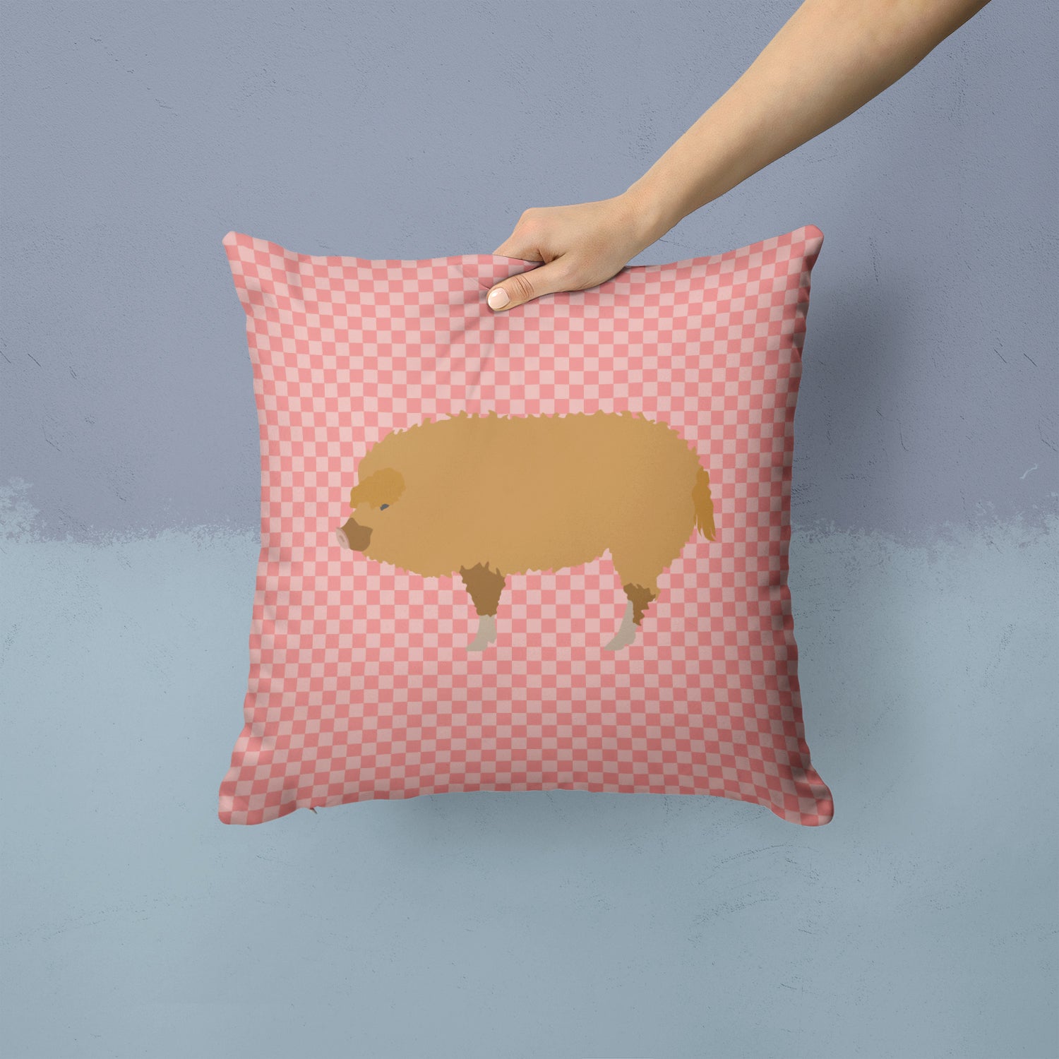 Hungarian Mangalica Pig Pink Check Fabric Decorative Pillow BB7934PW1414 - the-store.com