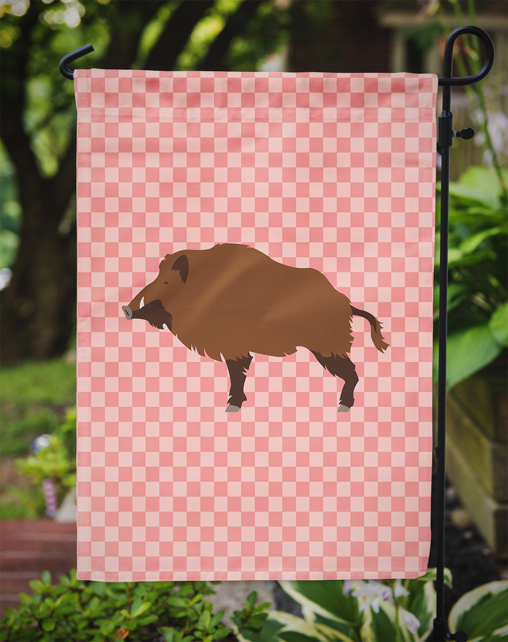 Wild Boar Pig Pink Check Flag Garden Size  the-store.com.