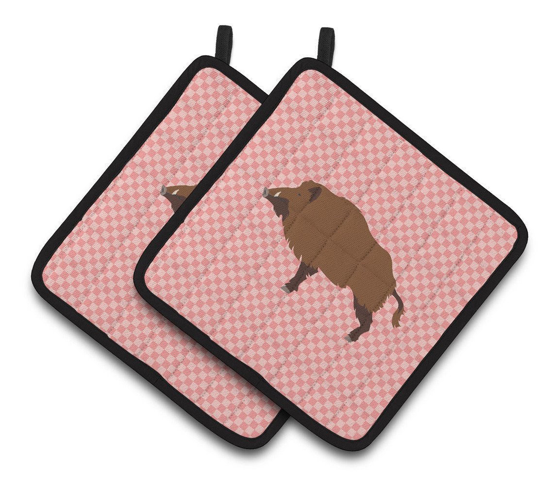 Wild Boar Pig Pink Check Pair of Pot Holders BB7936PTHD by Caroline&#39;s Treasures