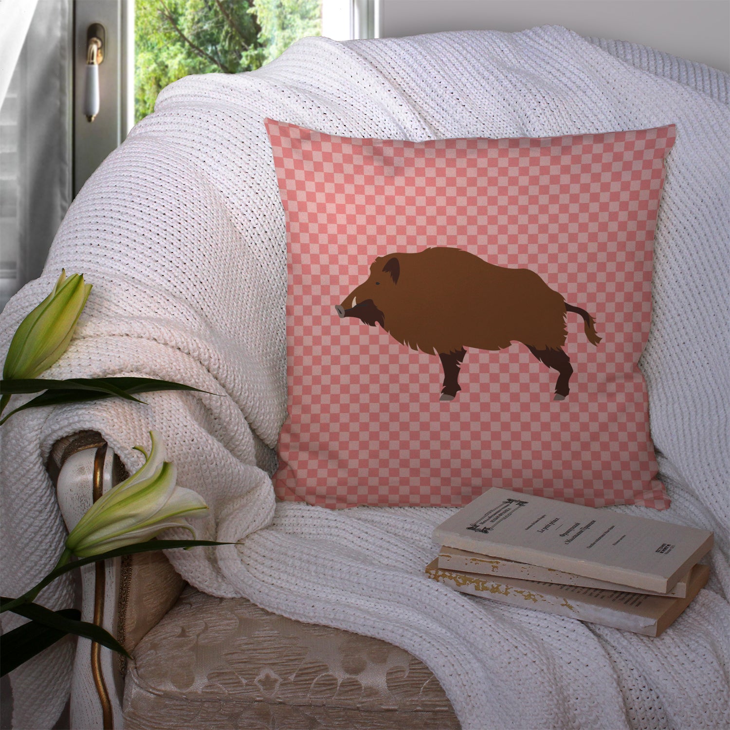 Wild Boar Pig Pink Check Fabric Decorative Pillow BB7936PW1414 - the-store.com
