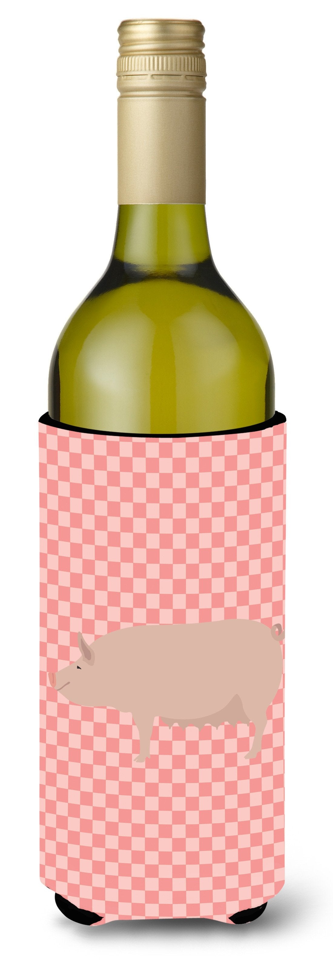 English Large White Pig Pink Check Wine Bottle Beverge Insulator Hugger BB7938LITERK by Caroline&#39;s Treasures