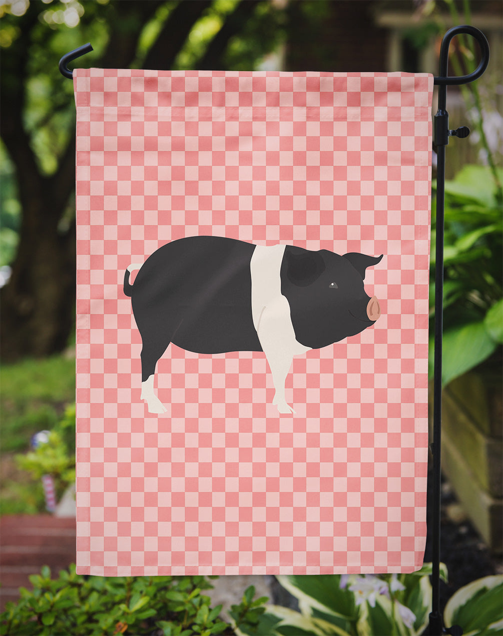 Hampshire Pig Pink Check Flag Garden Size