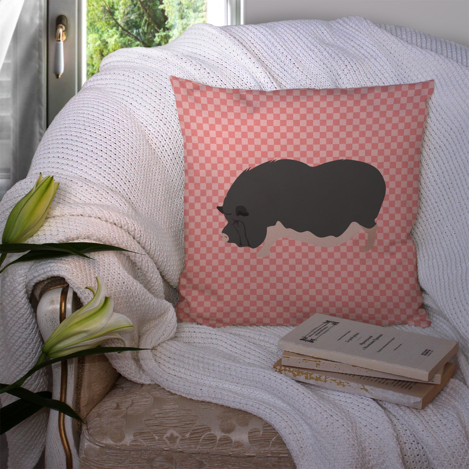 Vietnamese Pot-Bellied Pig Pink Check Fabric Decorative Pillow BB7941PW1414 - the-store.com