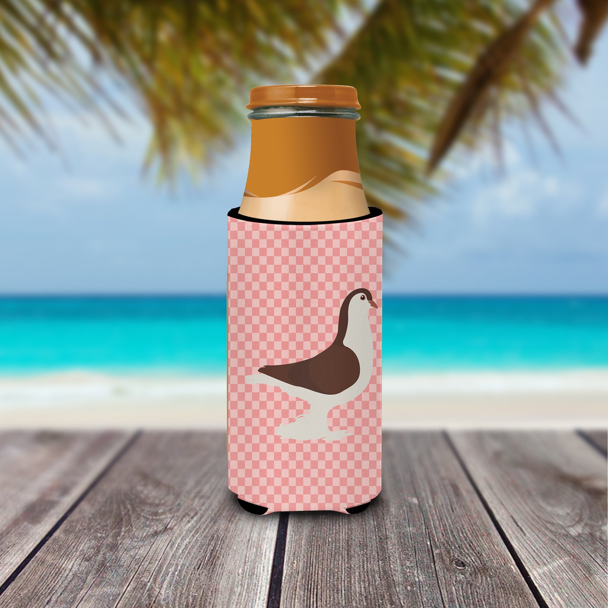 Large Pigeon Pink Check  Ultra Hugger for slim cans