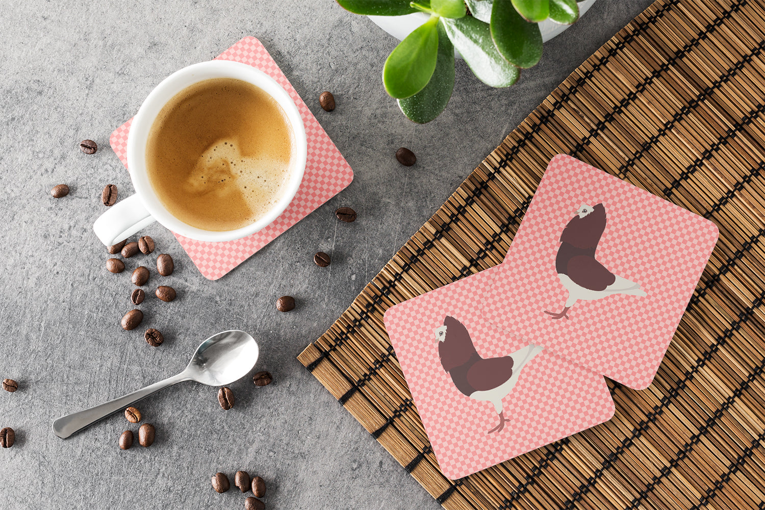 Capuchin Red Pigeon Pink Check Foam Coaster Set of 4 BB7948FC - the-store.com