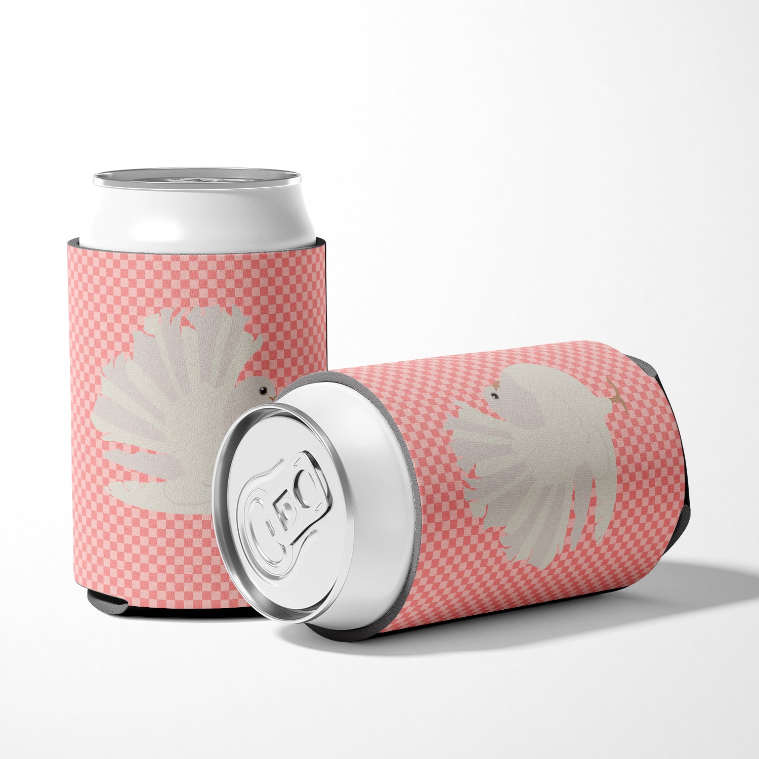 Silver Fantail Pigeon Pink Check Can or Bottle Hugger BB7950CC  the-store.com.