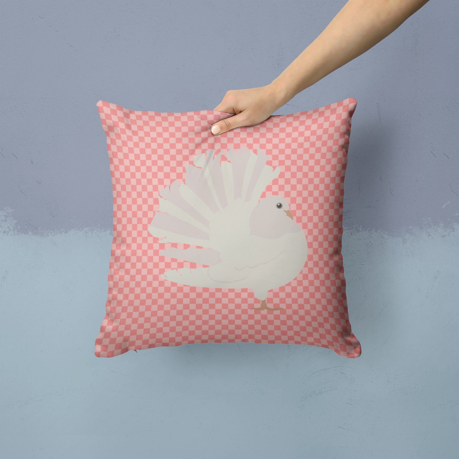 Silver Fantail Pigeon Pink Check Fabric Decorative Pillow BB7950PW1414 - the-store.com
