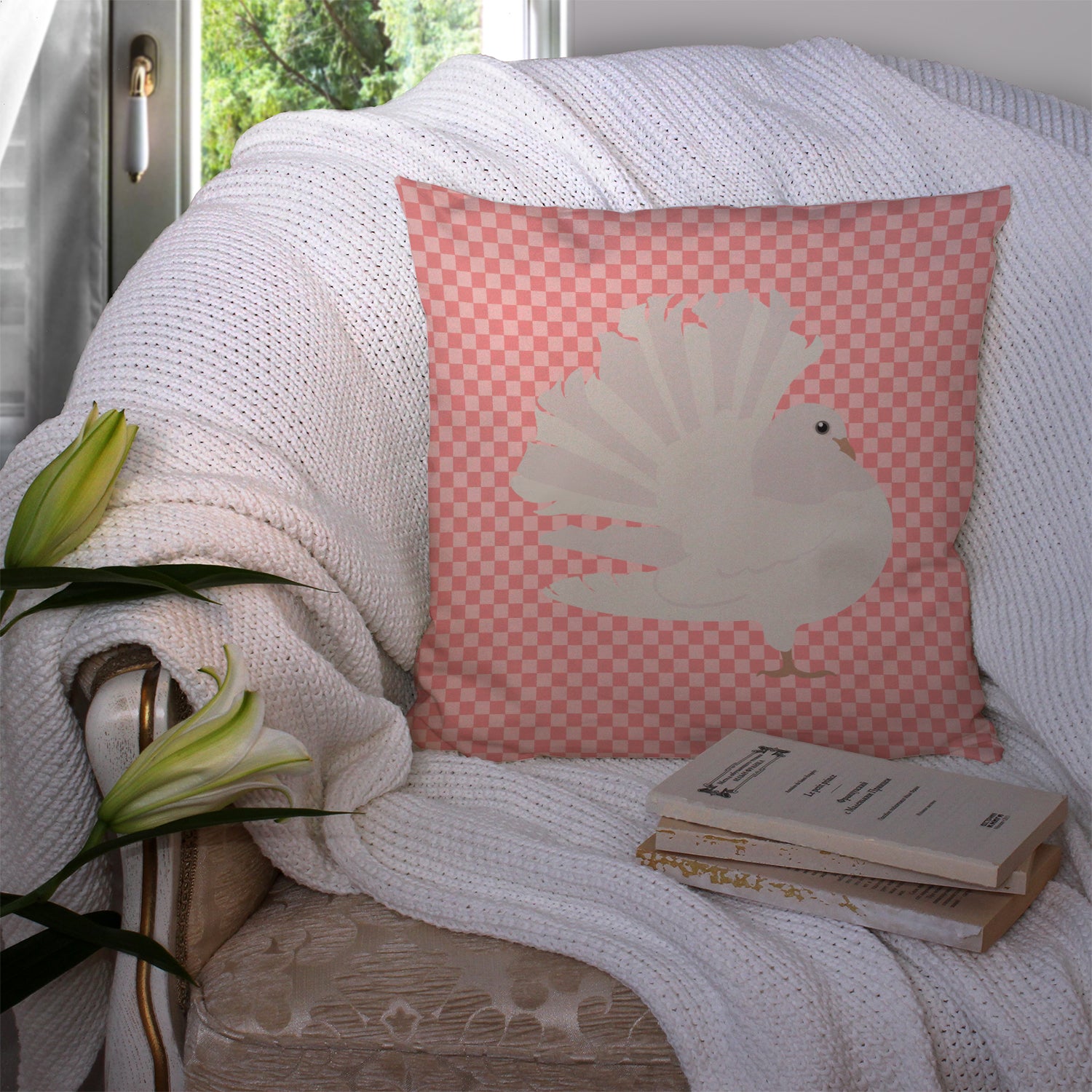 Silver Fantail Pigeon Pink Check Fabric Decorative Pillow BB7950PW1414 - the-store.com