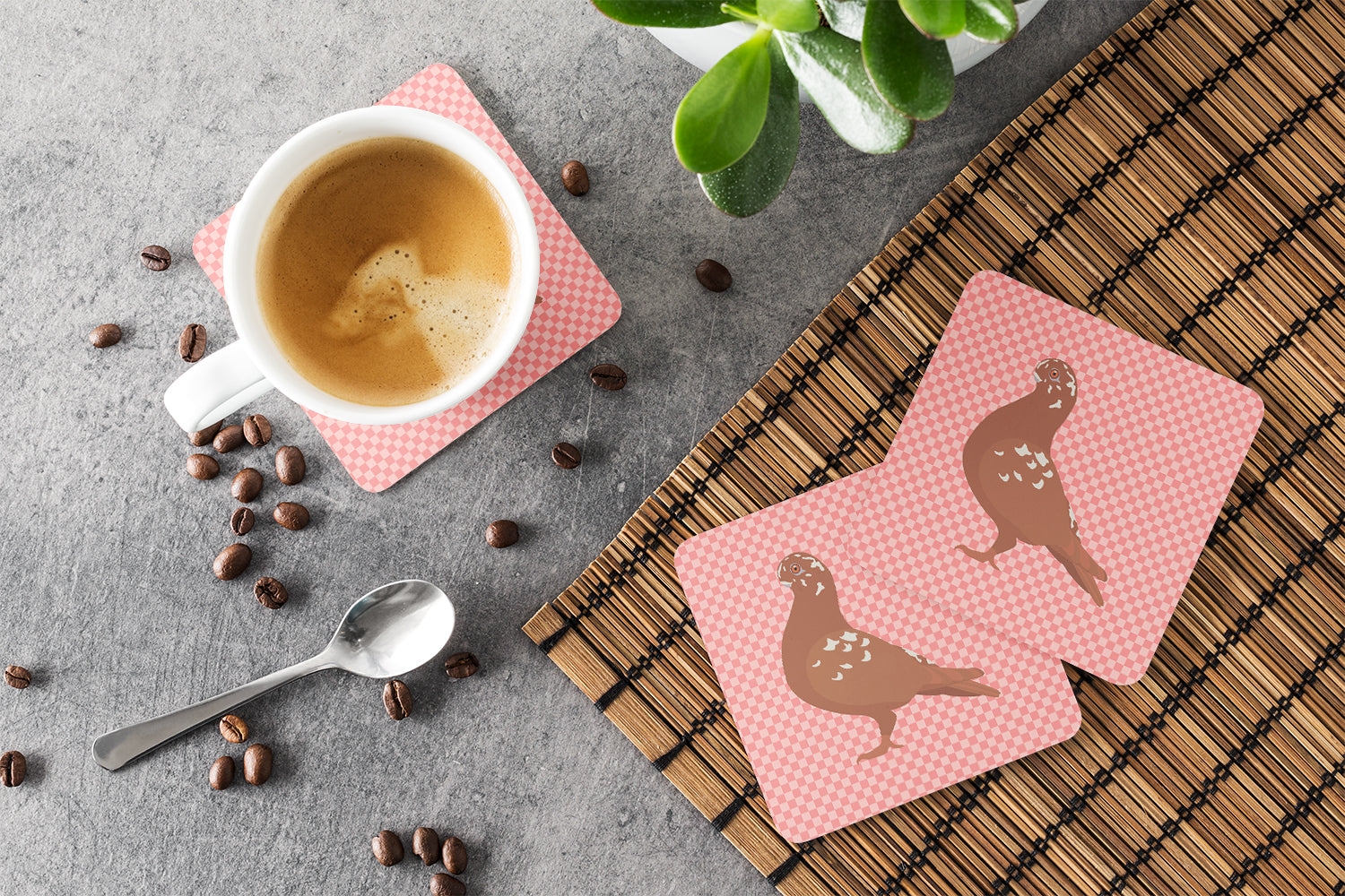 African Owl Pigeon Pink Check Foam Coaster Set of 4 BB7953FC - the-store.com