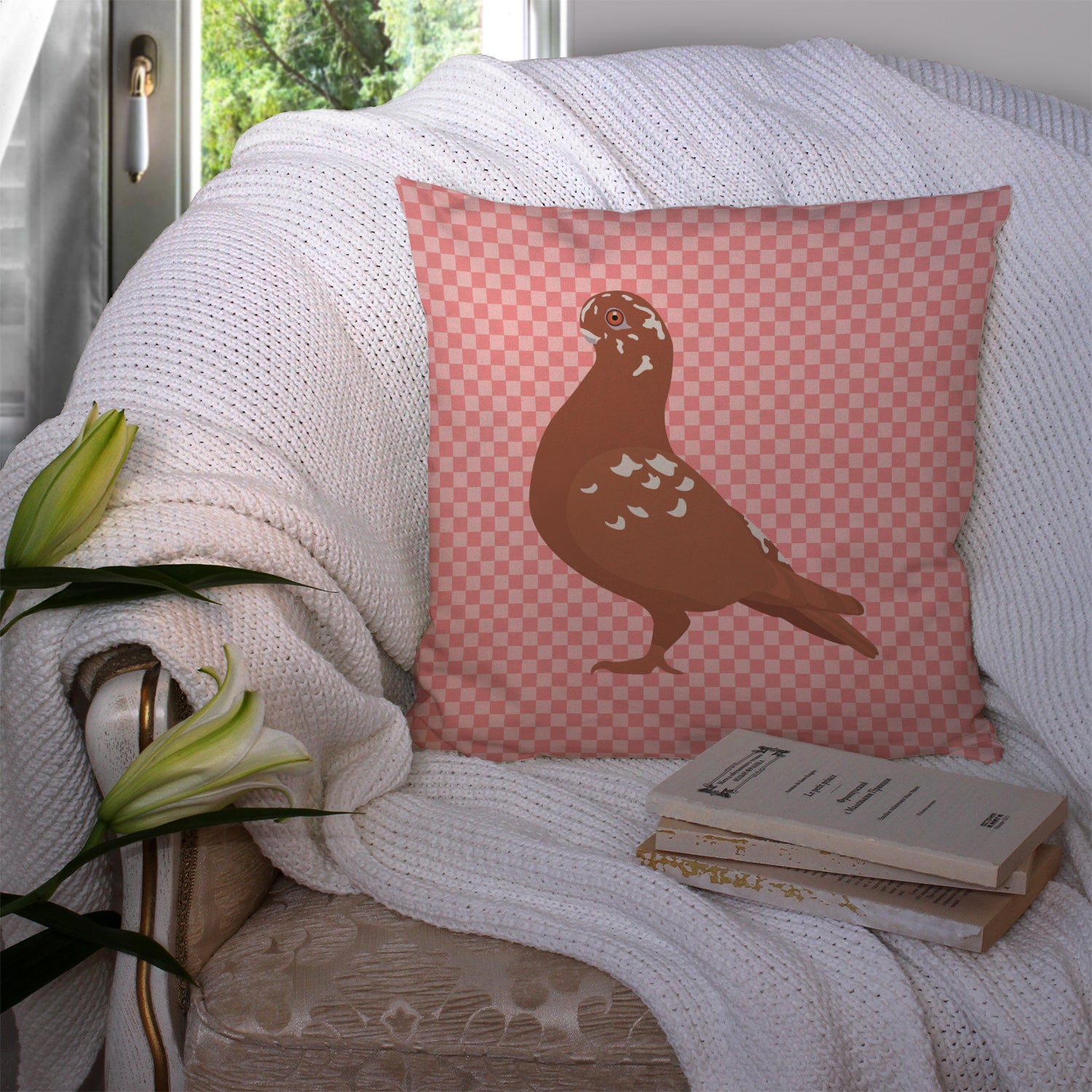 African Owl Pigeon Pink Check Fabric Decorative Pillow BB7953PW1414 - the-store.com