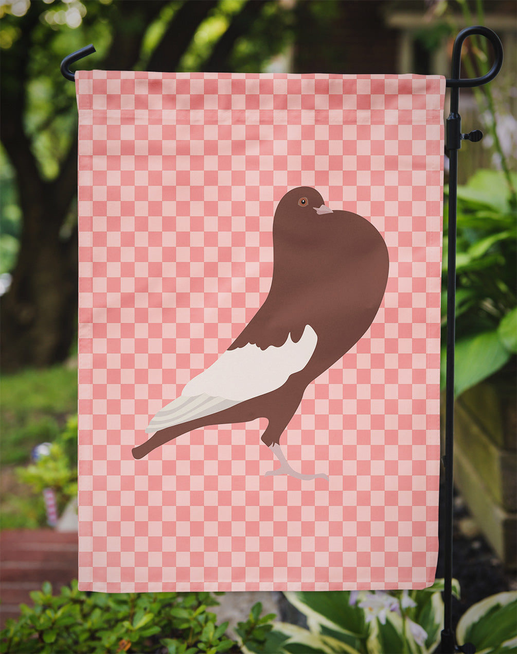 English Pouter Pigeon Pink Check Flag Garden Size  the-store.com.