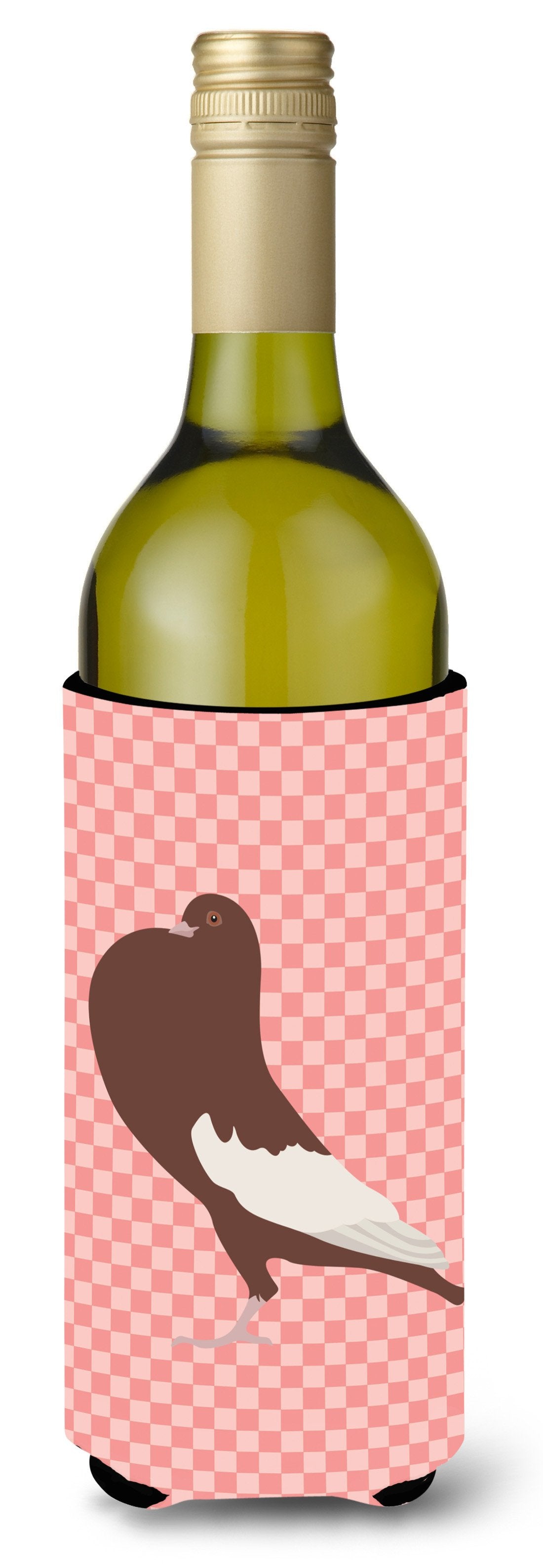 English Pouter Pigeon Pink Check Wine Bottle Beverge Insulator Hugger BB7954LITERK by Caroline&#39;s Treasures
