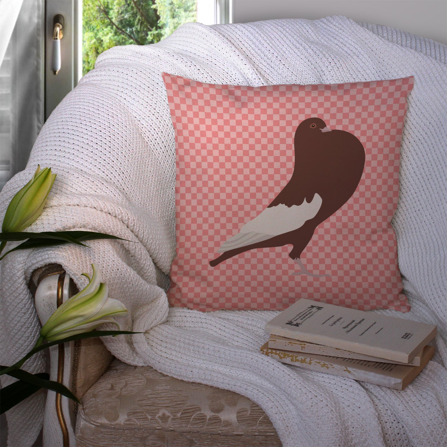 English Pouter Pigeon Pink Check Fabric Decorative Pillow BB7954PW1414 - the-store.com