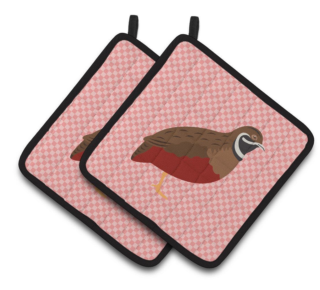 Chinese Painted or King Quail Pink Check Pair of Pot Holders BB7956PTHD by Caroline&#39;s Treasures