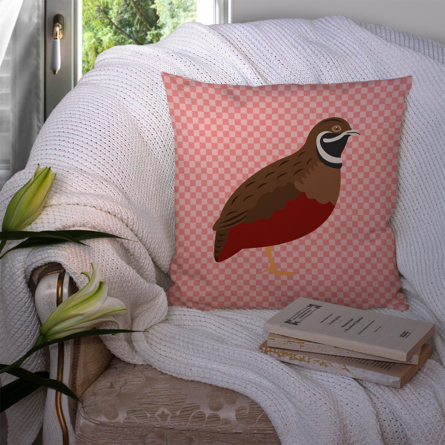 Chinese Painted or King Quail Pink Check Fabric Decorative Pillow BB7956PW1414 - the-store.com