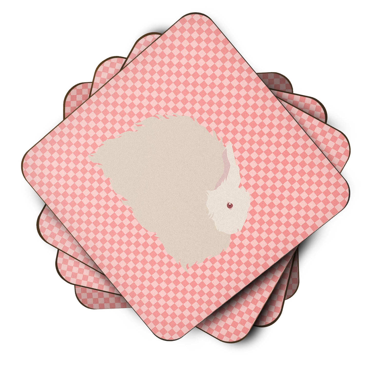 Fluffy Angora Rabbit Pink Check Foam Coaster Set of 4 BB7959FC - the-store.com