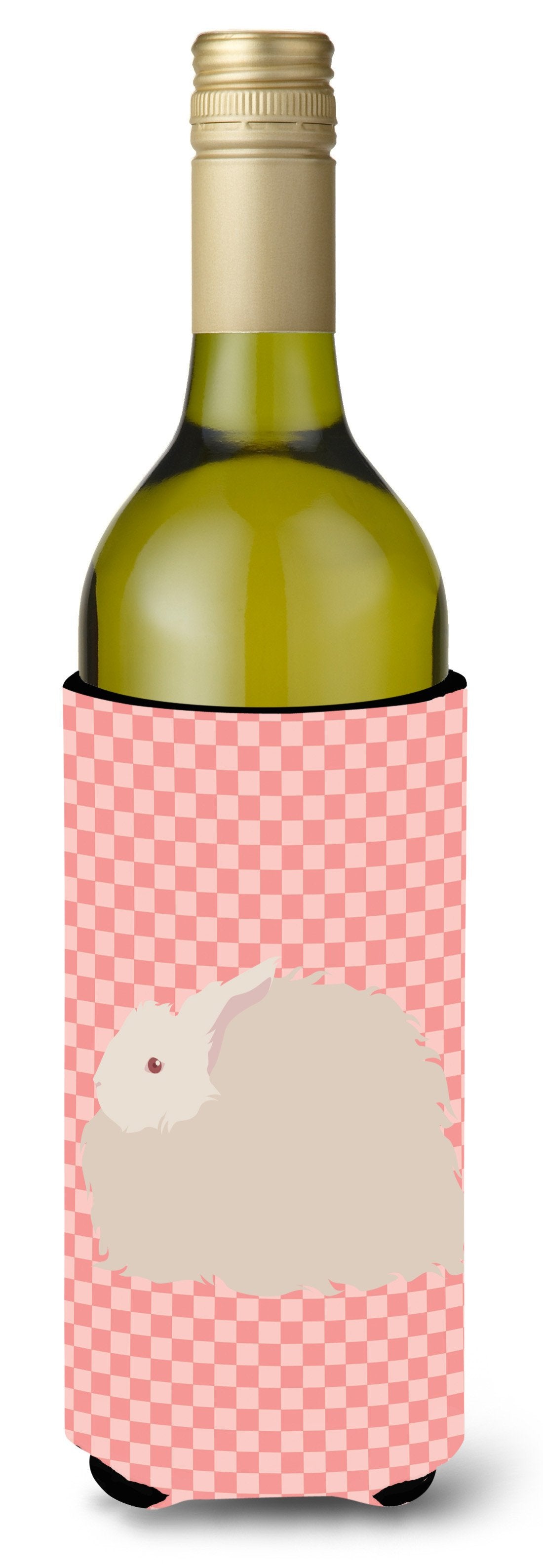 Fluffy Angora Rabbit Pink Check Wine Bottle Beverge Insulator Hugger BB7959LITERK by Caroline&#39;s Treasures