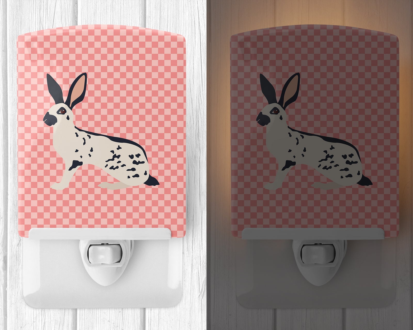 Caroline's Treasures English Spot Rabbit Pink Check Ceramic Night Light BB7961CNL