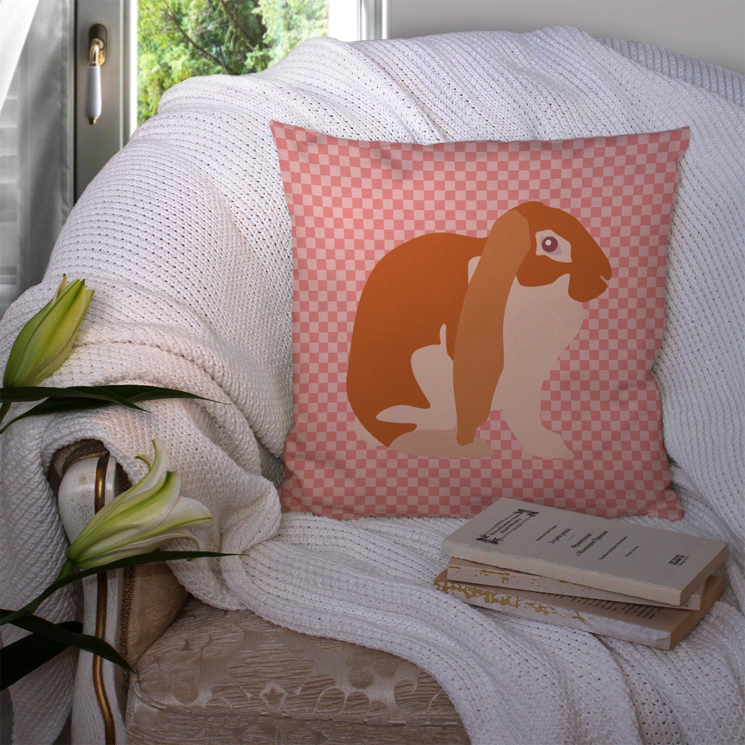 English Lop Rabbit Pink Check Fabric Decorative Pillow BB7962PW1414 - the-store.com