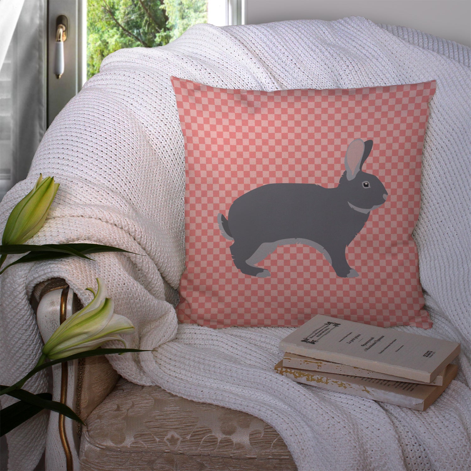 Giant Chinchilla Rabbit Pink Check Fabric Decorative Pillow BB7966PW1414 - the-store.com