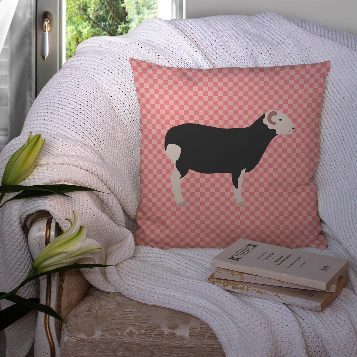 Herwick Sheep Pink Check Fabric Decorative Pillow BB7970PW1414 - the-store.com
