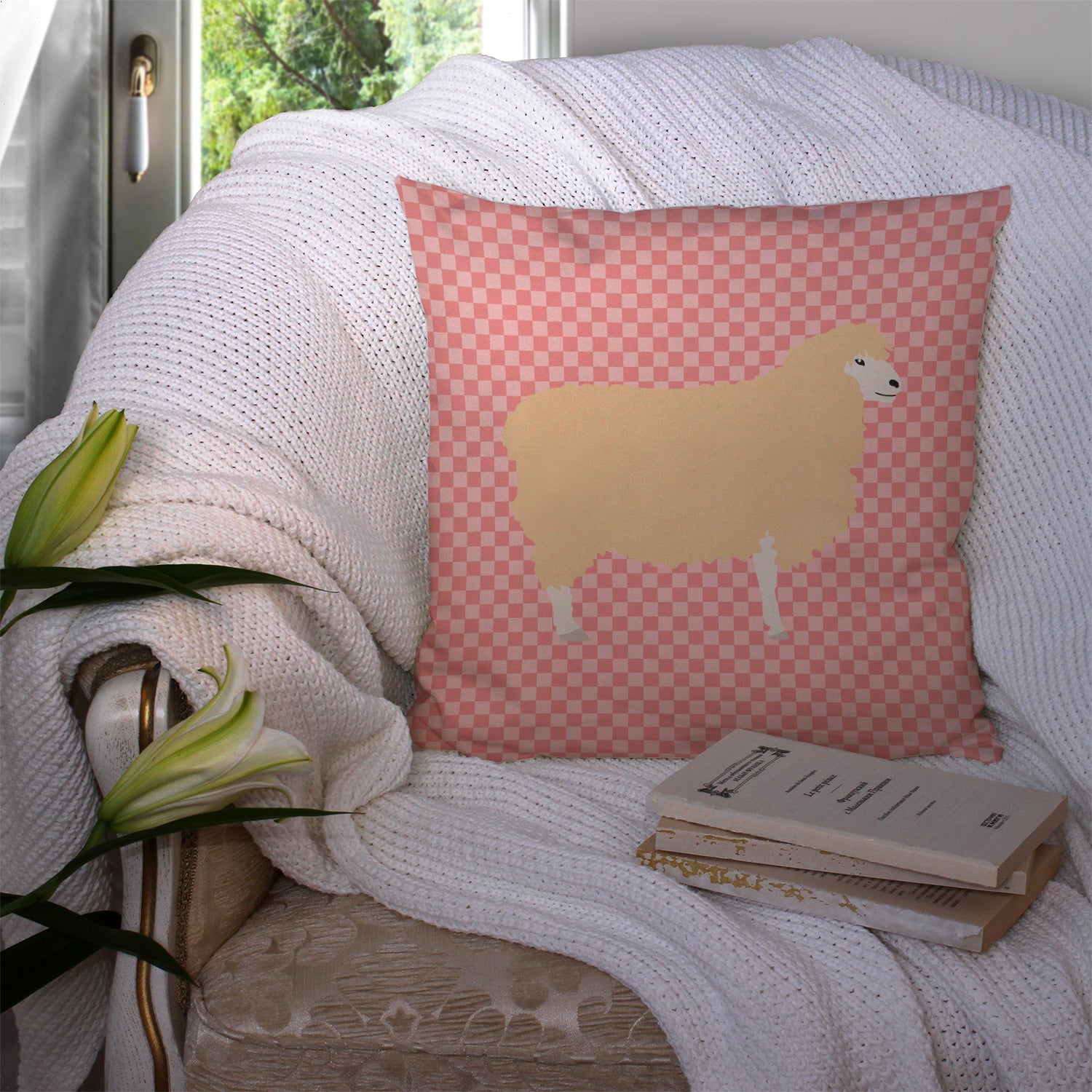 English Leicester Longwool Sheep Pink Check Fabric Decorative Pillow BB7974PW1414 - the-store.com