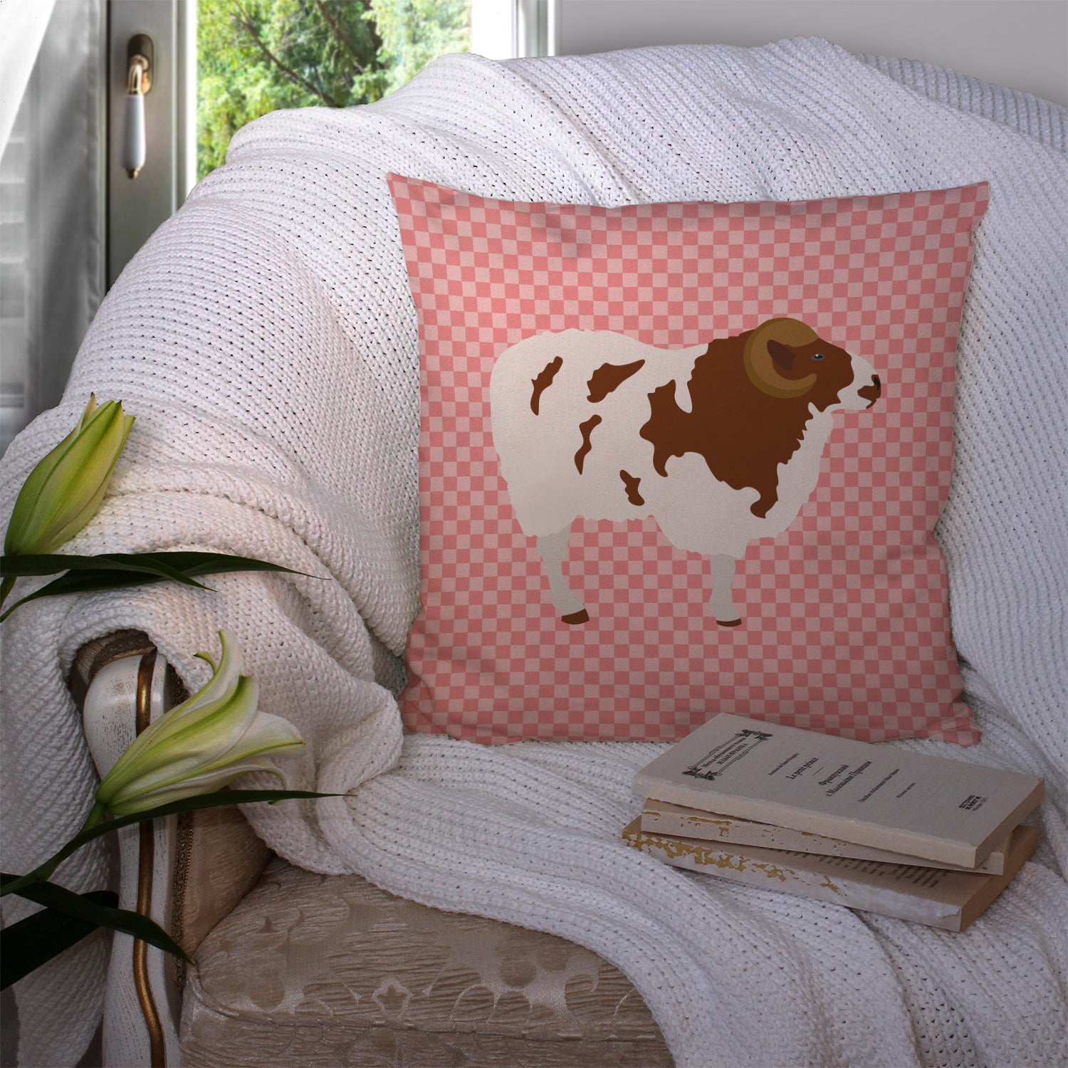 Jacob Sheep Pink Check Fabric Decorative Pillow BB7975PW1414 - the-store.com