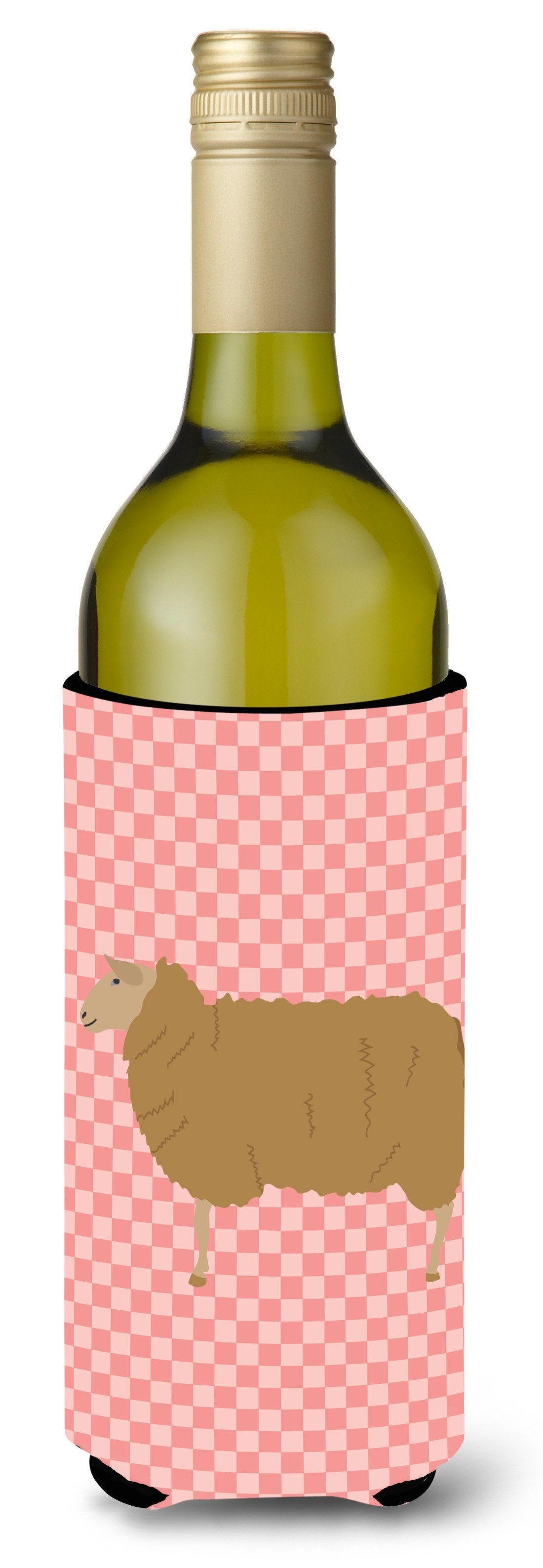 East Friesian Sheep Pink Check Wine Bottle Beverge Insulator Hugger BB7977LITERK by Caroline&#39;s Treasures