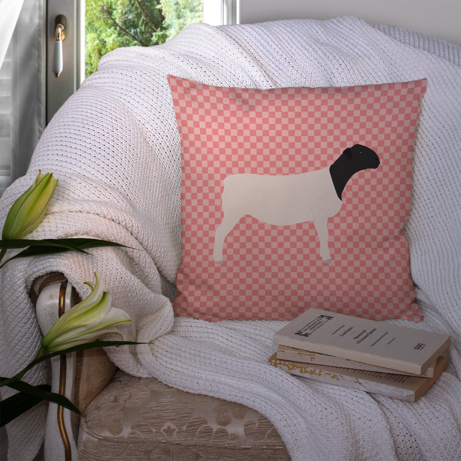 Dorper Sheep Pink Check Fabric Decorative Pillow BB7978PW1414 - the-store.com