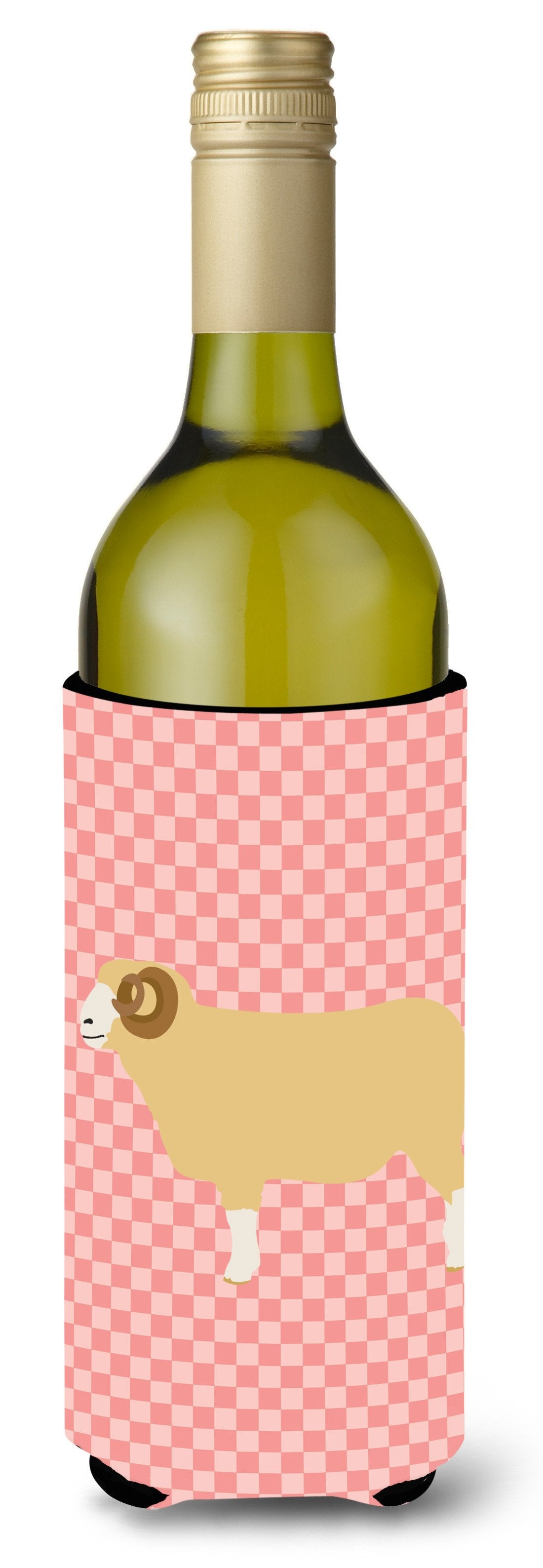 Horned Dorset Sheep Pink Check Wine Bottle Beverge Insulator Hugger BB7980LITERK by Caroline&#39;s Treasures