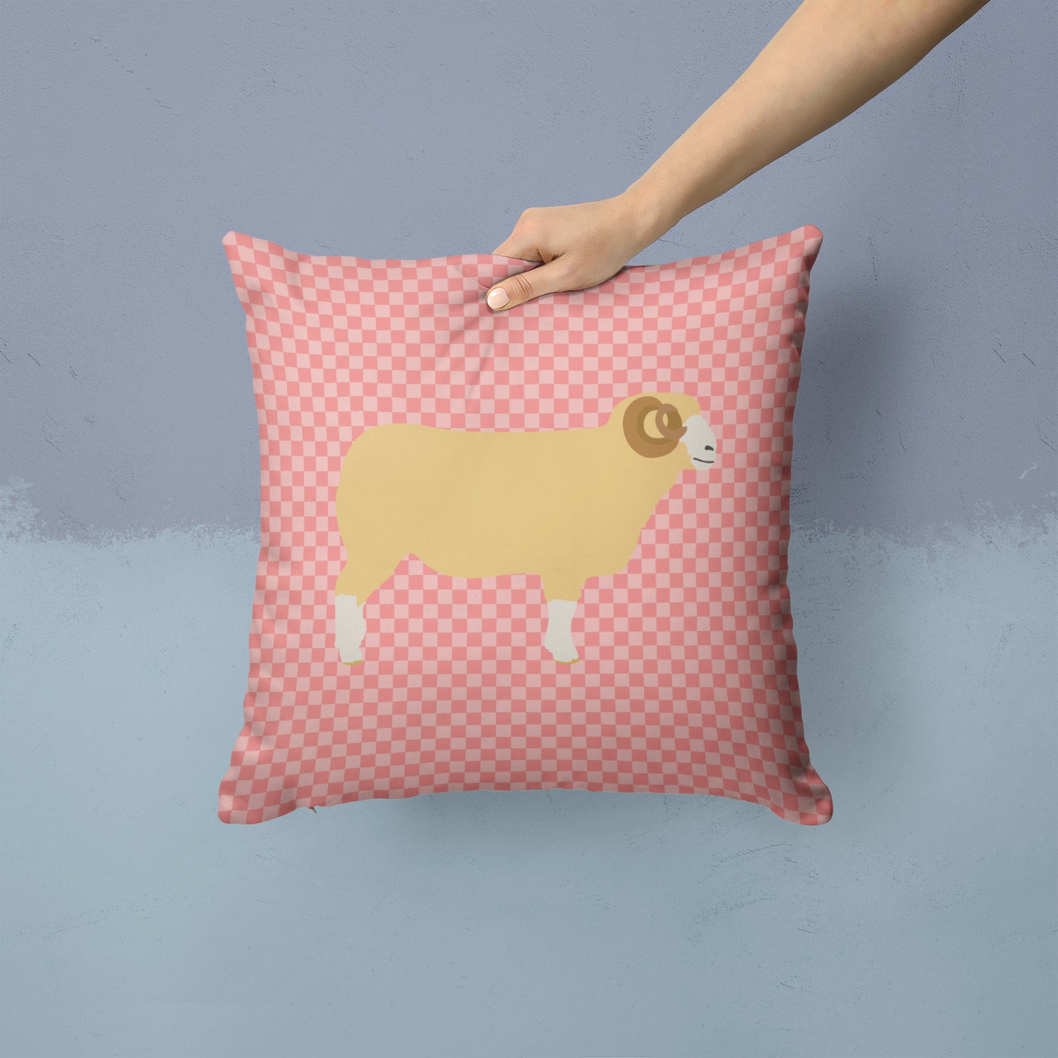 Horned Dorset Sheep Pink Check Fabric Decorative Pillow BB7980PW1414 - the-store.com