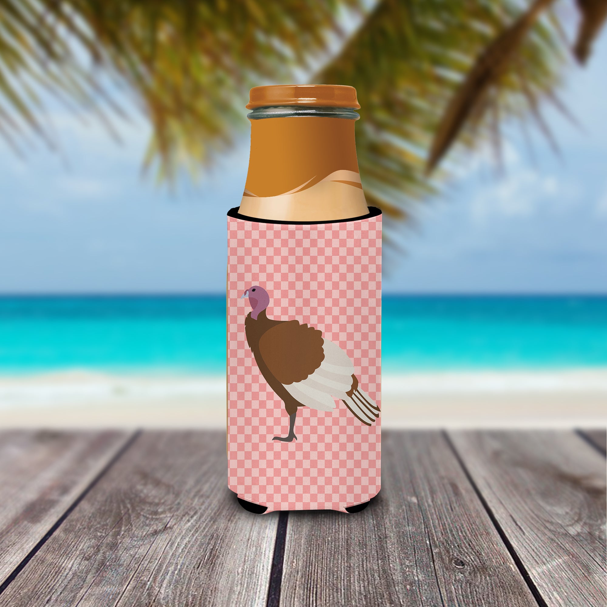 Bourbon Red Turkey Hen Pink Check  Ultra Hugger for slim cans