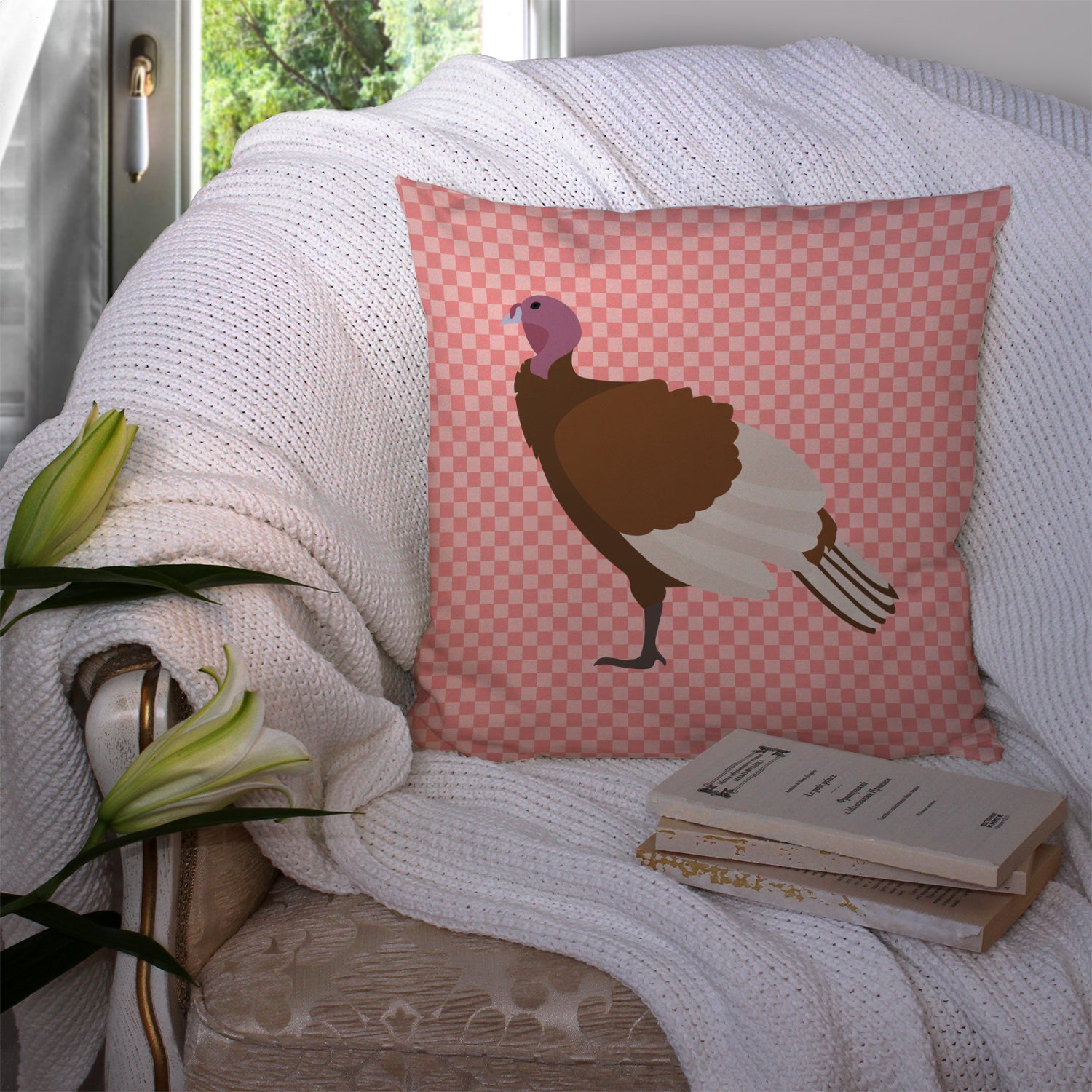 Bourbon Red Turkey Hen Pink Check Fabric Decorative Pillow BB7982PW1414 - the-store.com