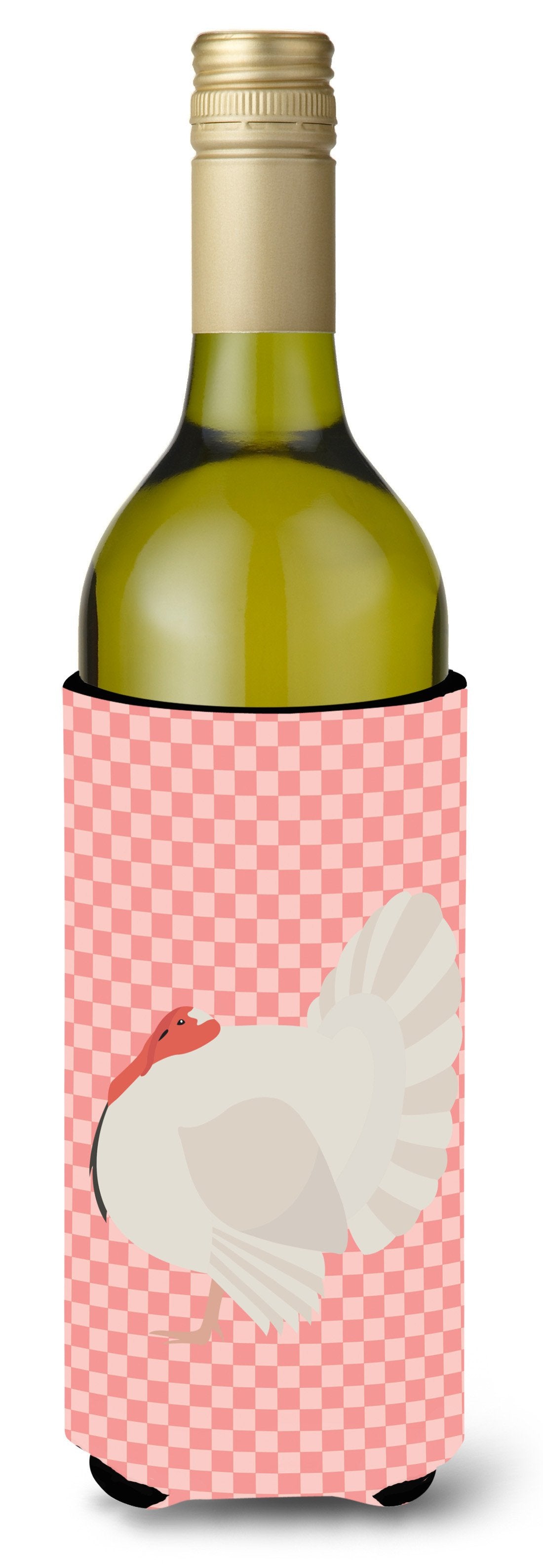 White Holland Turkey Pink Check Wine Bottle Beverge Insulator Hugger BB7983LITERK by Caroline&#39;s Treasures