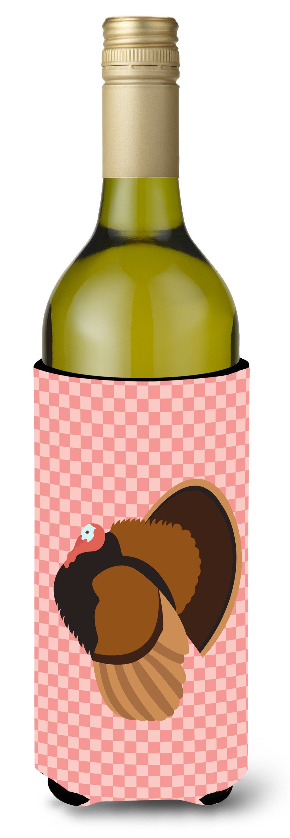 Bronze Turkey Pink Check Wine Bottle Beverge Insulator Hugger BB7986LITERK by Caroline&#39;s Treasures