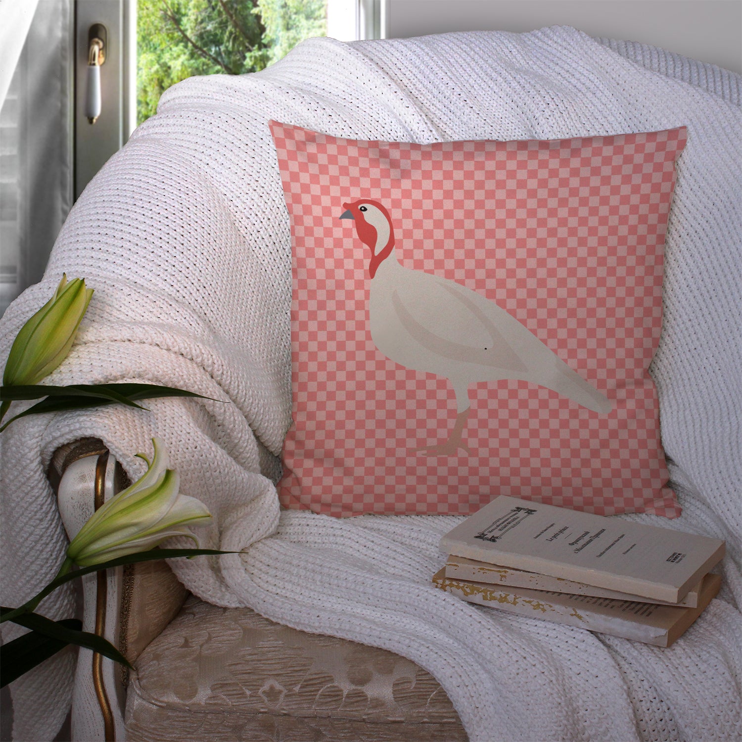 Beltsville Small White Turkey Hen Pink Check Fabric Decorative Pillow BB7989PW1414 - the-store.com