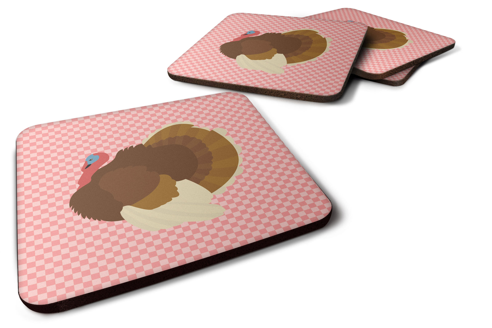 French Turkey Dindon Pink Check Foam Coaster Set of 4 BB7990FC - the-store.com