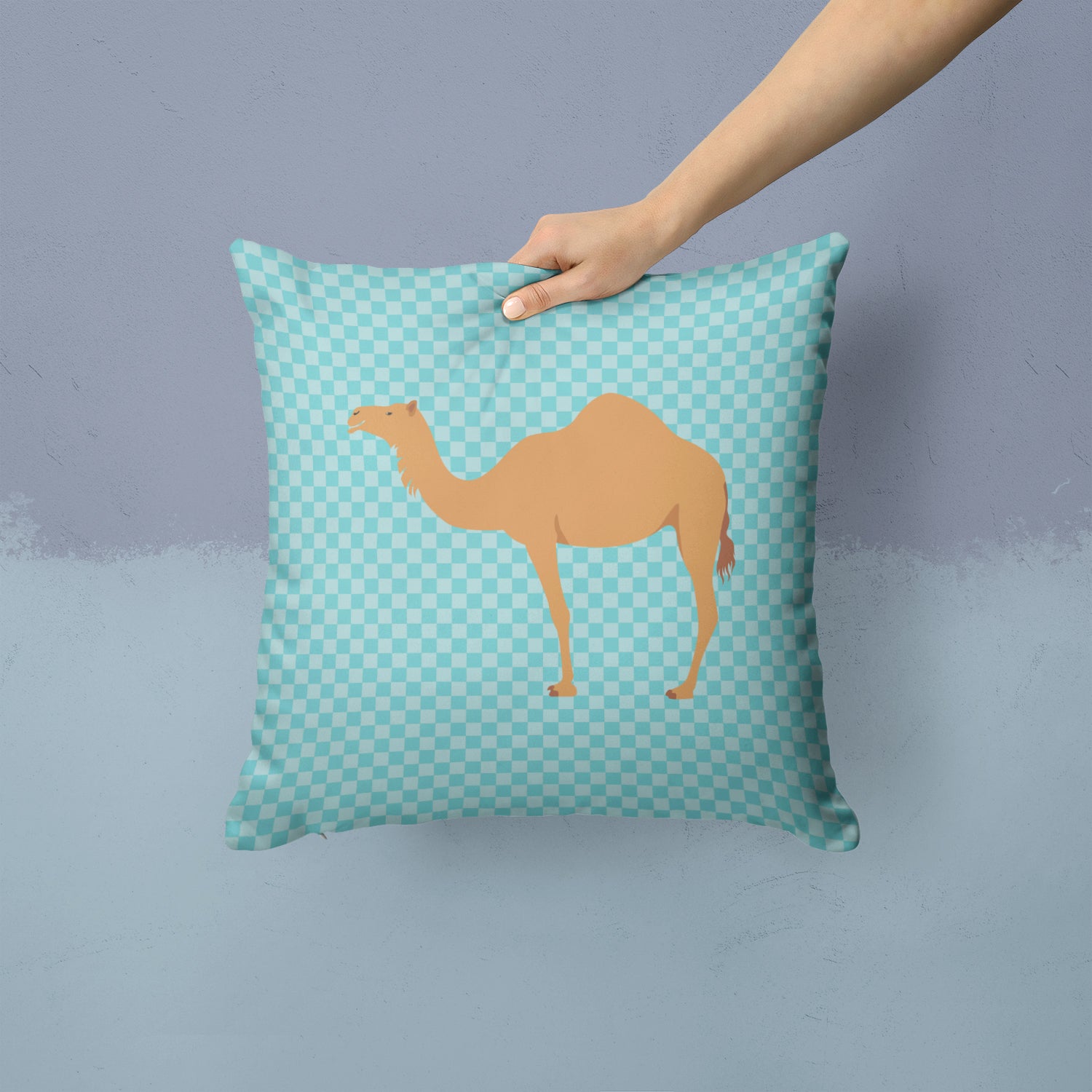 Arabian Camel Dromedary Blue Check Fabric Decorative Pillow BB7991PW1414 - the-store.com