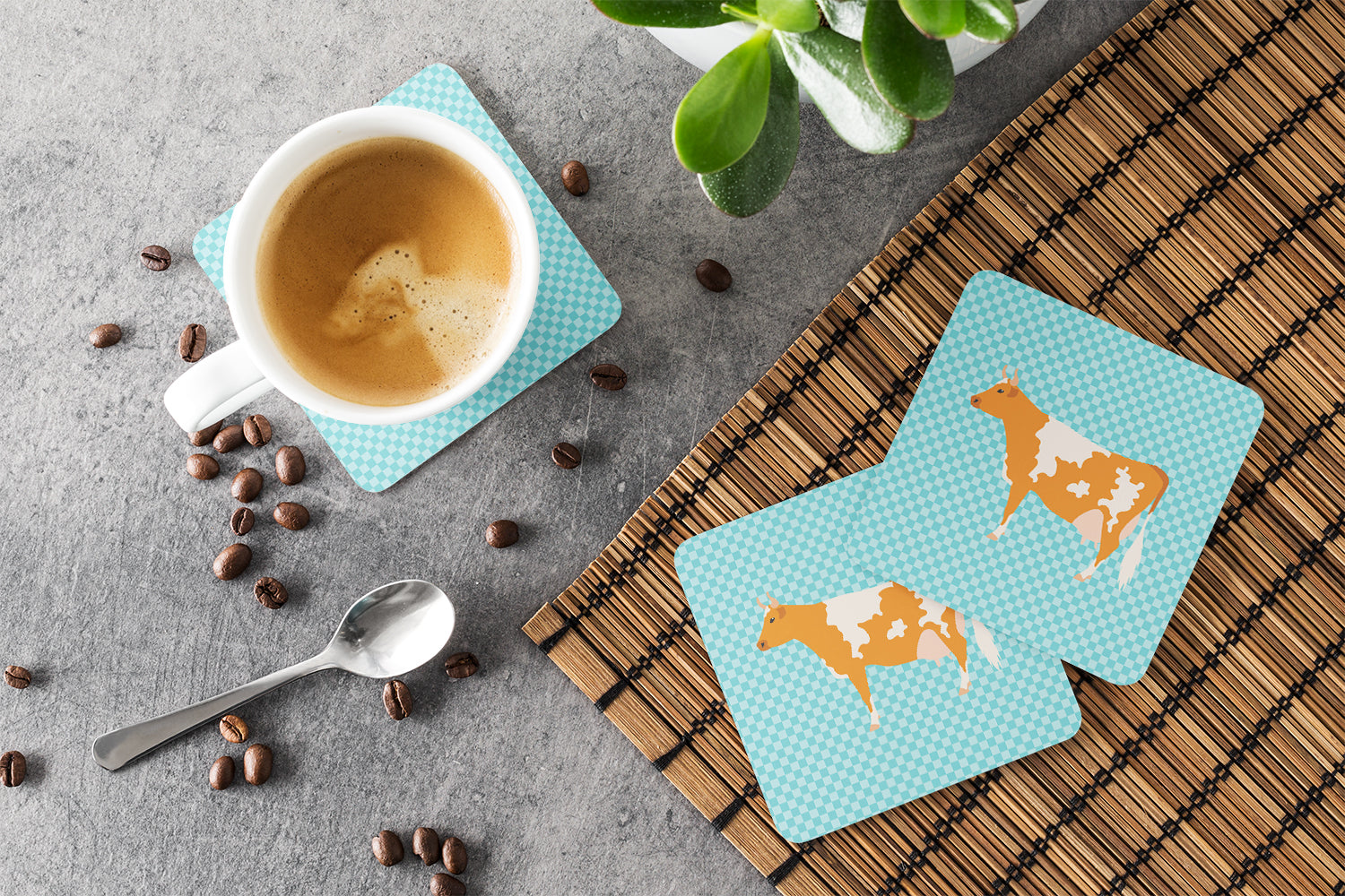 Guernsey Cow Blue Check Foam Coaster Set of 4 BB7995FC - the-store.com