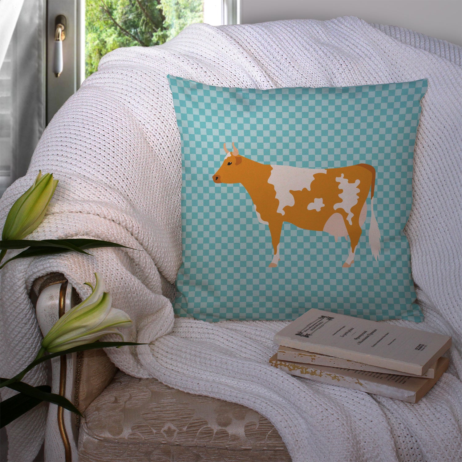 Guernsey Cow Blue Check Fabric Decorative Pillow BB7995PW1414 - the-store.com