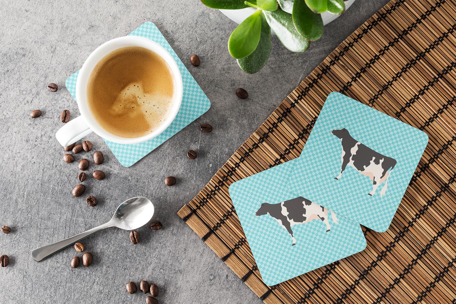 Holstein Cow Blue Check Foam Coaster Set of 4 BB7996FC - the-store.com