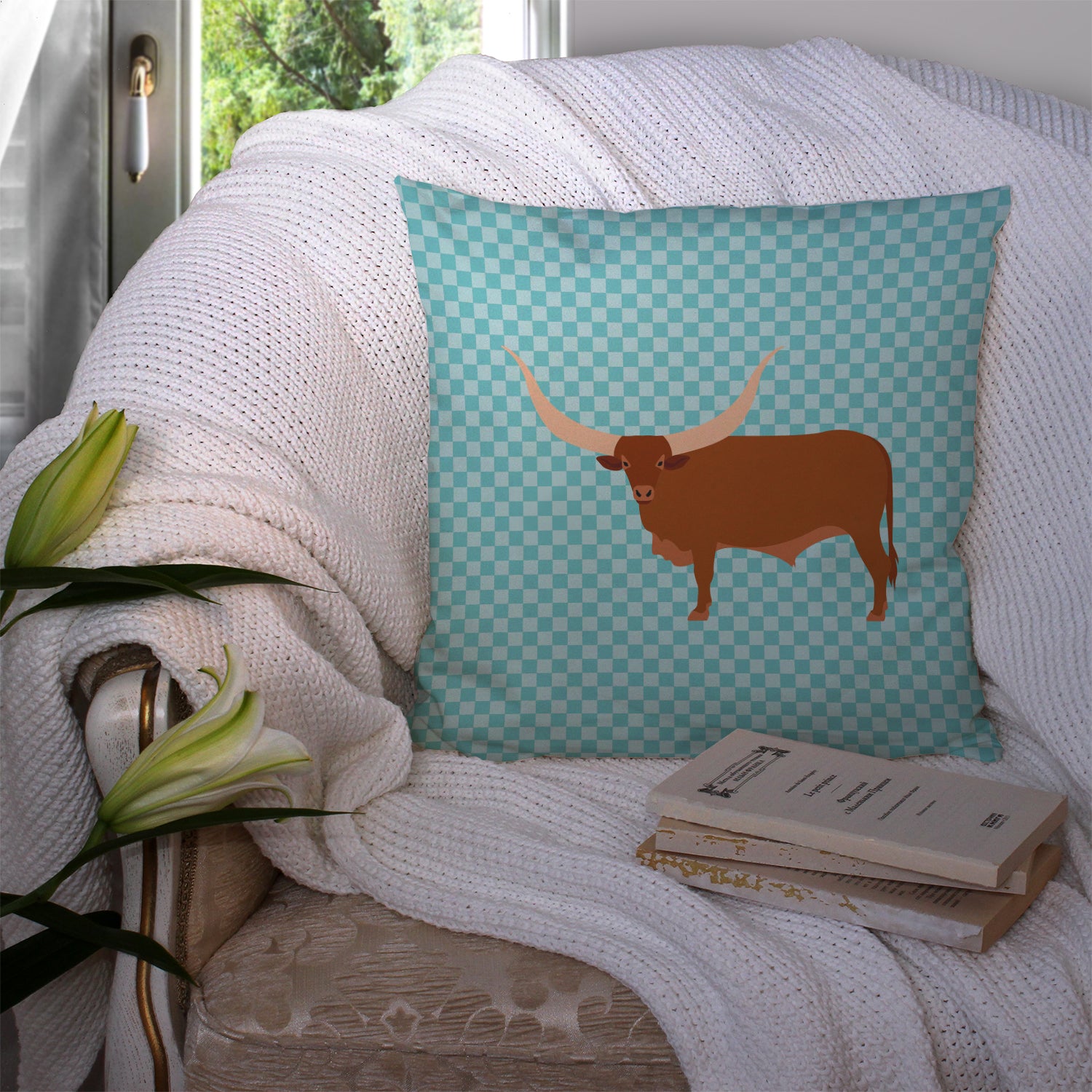 Ankole-Watusu Cow Blue Check Fabric Decorative Pillow BB7997PW1414 - the-store.com