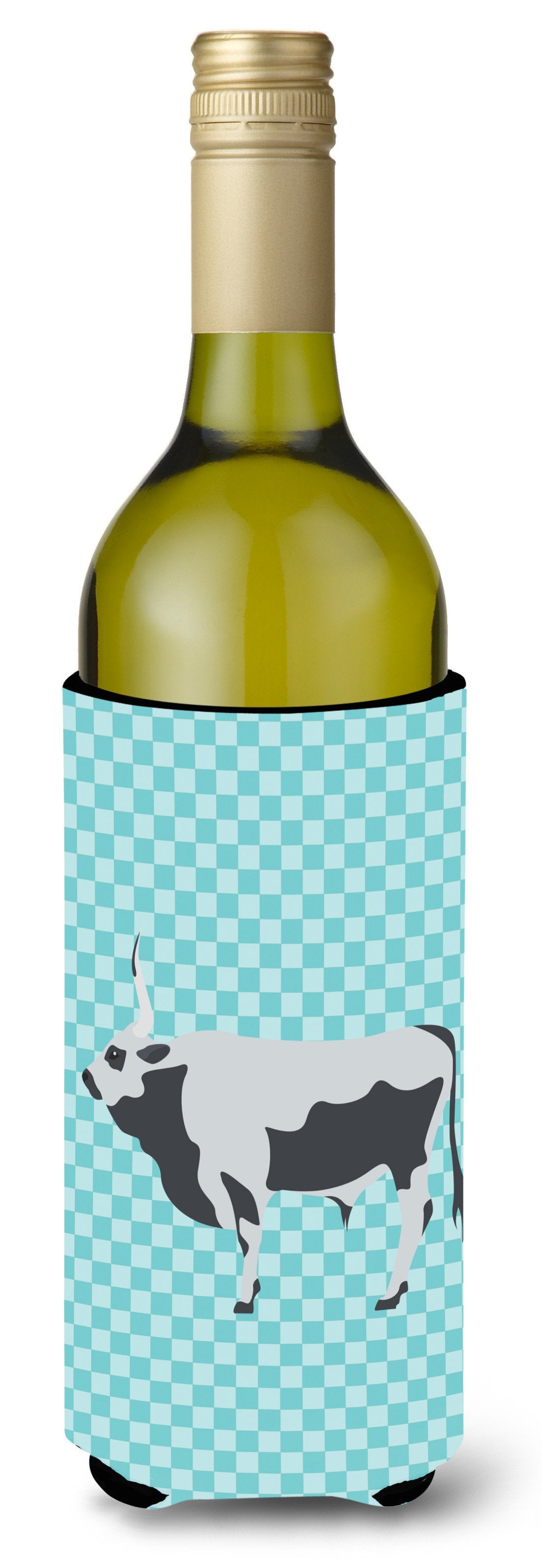 Hungarian Grey Steppe Cow Blue Check Wine Bottle Beverge Insulator Hugger BB7998LITERK by Caroline&#39;s Treasures
